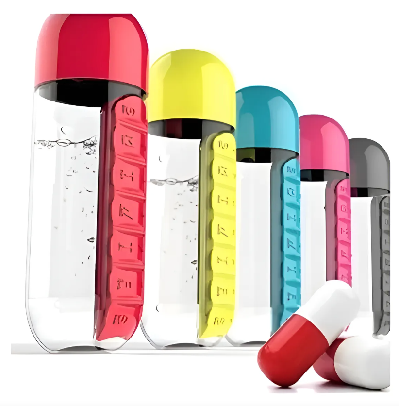 Botella de agua con pastillero